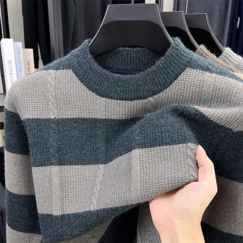 Men's Winter Striped Jacquard Crew Neck Long Sleeve Casual Knit Sweater