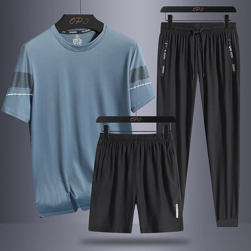 Short Sleeved Three Piece Set for Men's Breathable Mesh Cooling Casual Sports Suit for Men