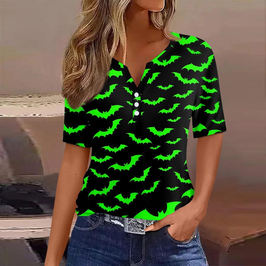 Women's T Shirt Halloween Print Button Short Sleeve Daily Weekend Fashion Basic V- Neck Regular Top