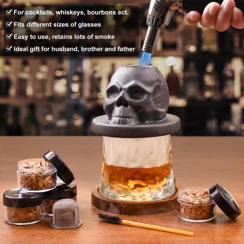 Cocktail Smoker Kit with 4 Flavors Wood Chips -Ceramics Bourbon Whiskey Skull-Shaped Old Fashioned Smoker Infuser for Bar Tools