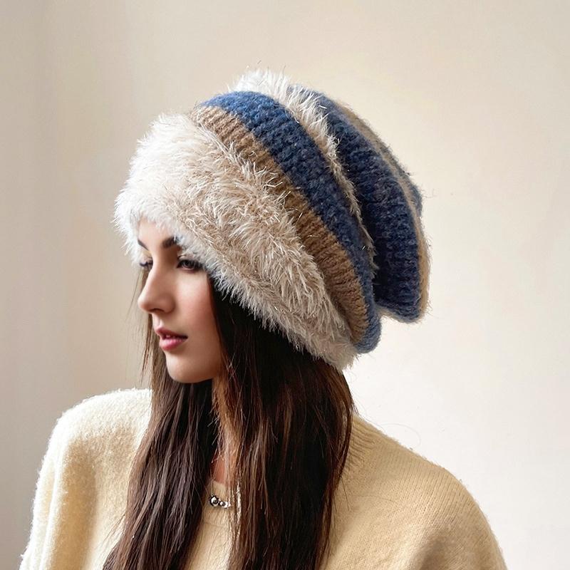 1PC Color Block Elegant Pile Hat Versatile Knitted Fashion High Stretch Warmth Brimless Lightweight Plush Slouchy Hats Multi-Color
