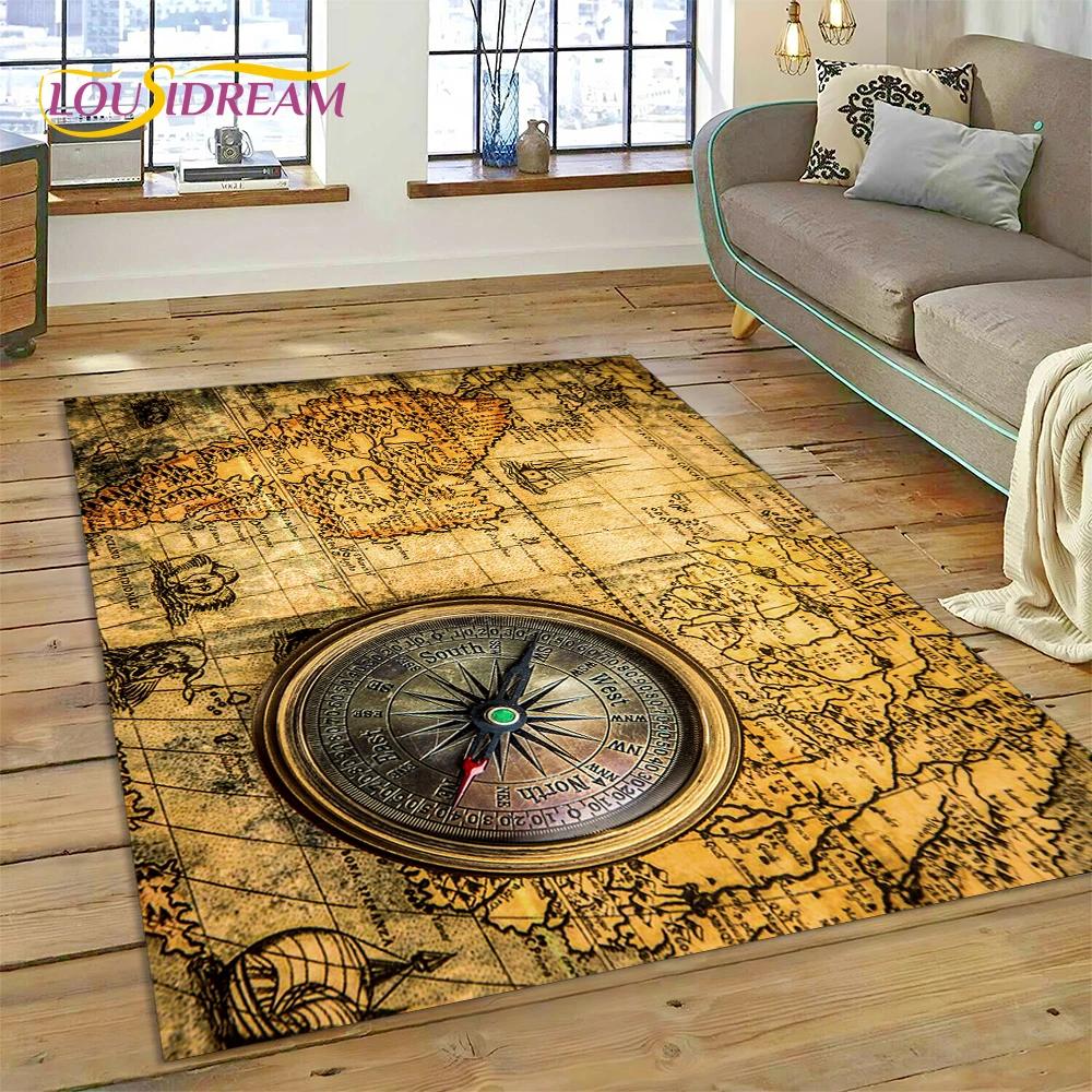 3D Ancient Nautical Chart World Map Compass Carpet Rug for Bedroom Living Room Sofa Decoration,Child Game Large Decor Floor Mat