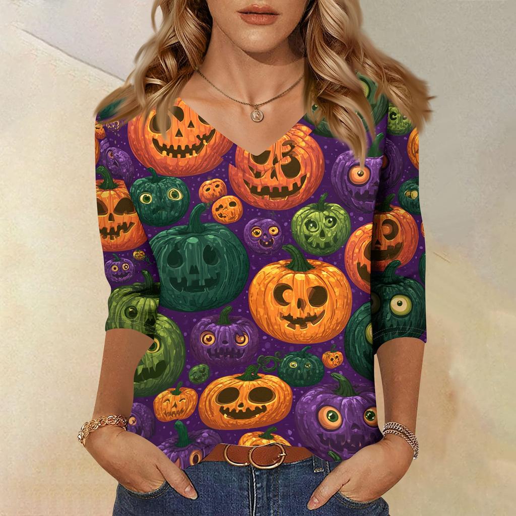 Women's Casual Halloween Print V Neck Three Quarter Sleeve Top Lightweight Soft Fabric Comfortable Fit