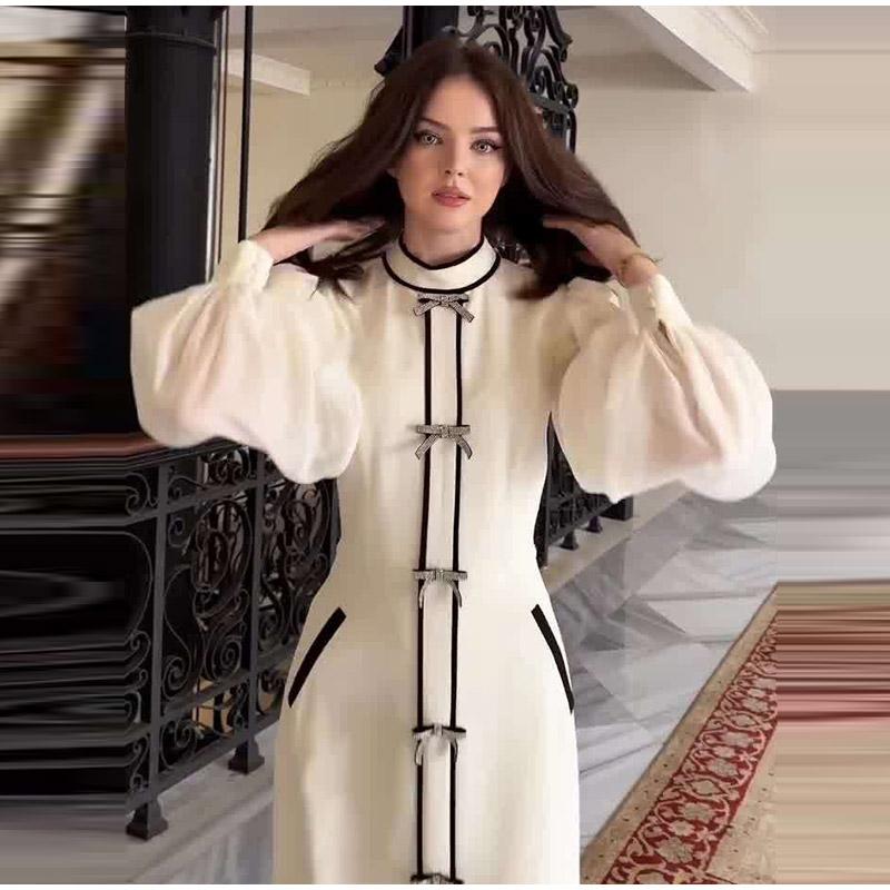 Ladies' Contrasting Round Neck Bow Decoration Long Dress with Slim Fit Temperament Spring and Summer New Women's Elegantlong Sleeved Dresses