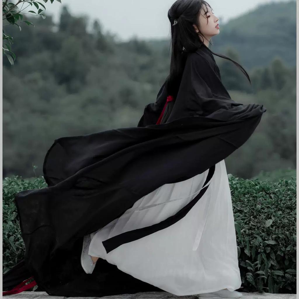 Elegant Chinese Traditional Hanfu Set, Flowing Wide Sleeve Robe with Trailing Straight Hem, Cold Style Fairy Photography Outfit
