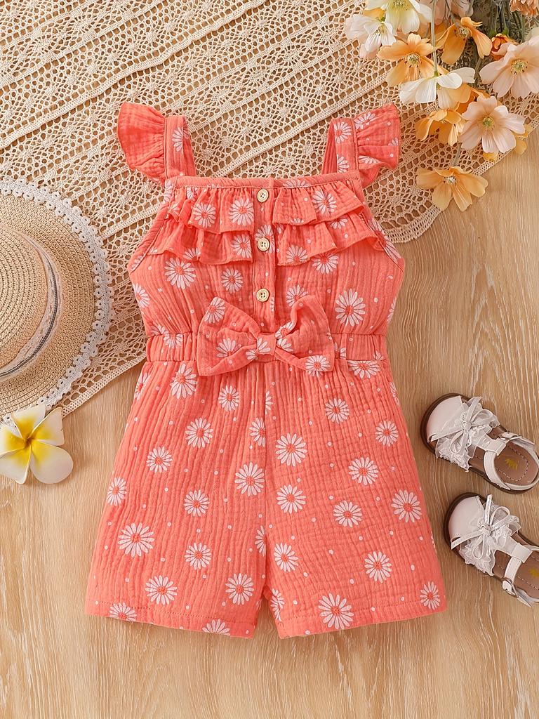 Summer Girls' One-piece Pants, Small and Fresh Frilled Short Pants, One-piece Dress for Little Kids, Casual and Refreshing Daisy Pants for Young Girls
