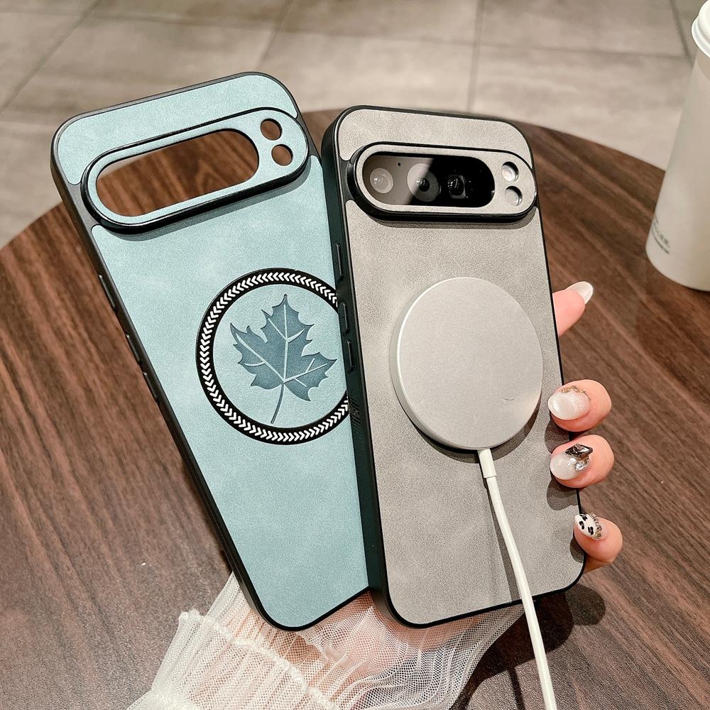 Custodia protettiva in pelle vintage da uomo con cordino per Google Pixel 10 9 8 7A Pro XL Ricarica magnetica Custodia con motivo a foglie d'acero