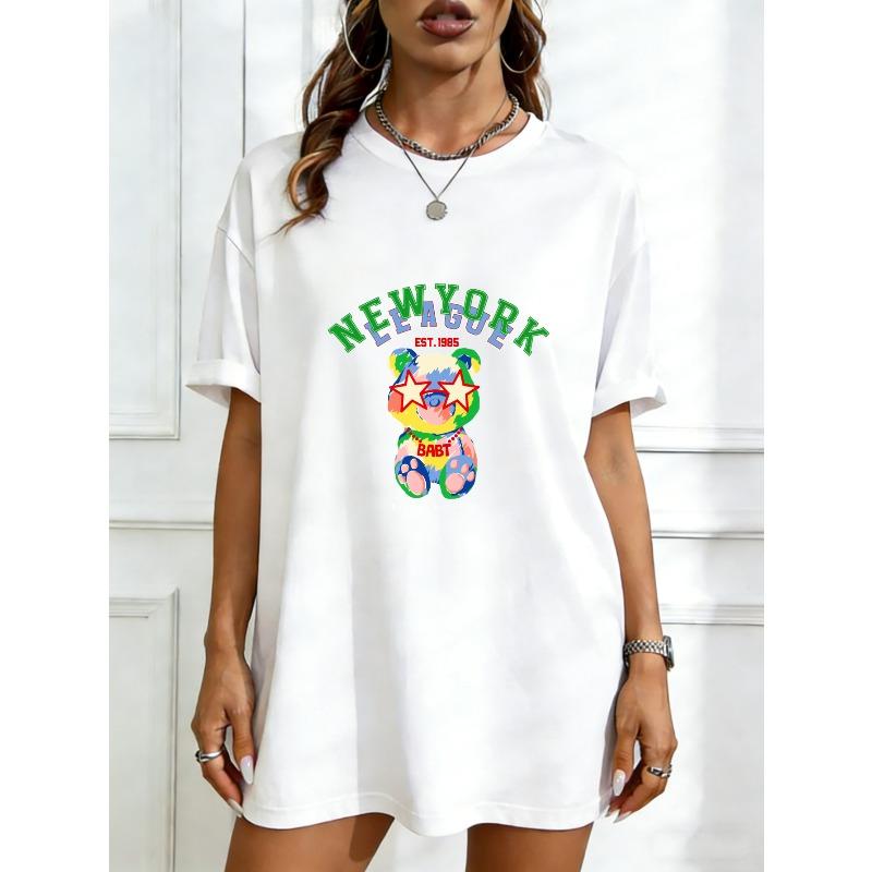 Oversized T-Shirt Black New York Bear Graphic Print With Stars And Text For Casual Wear XXXXL белый