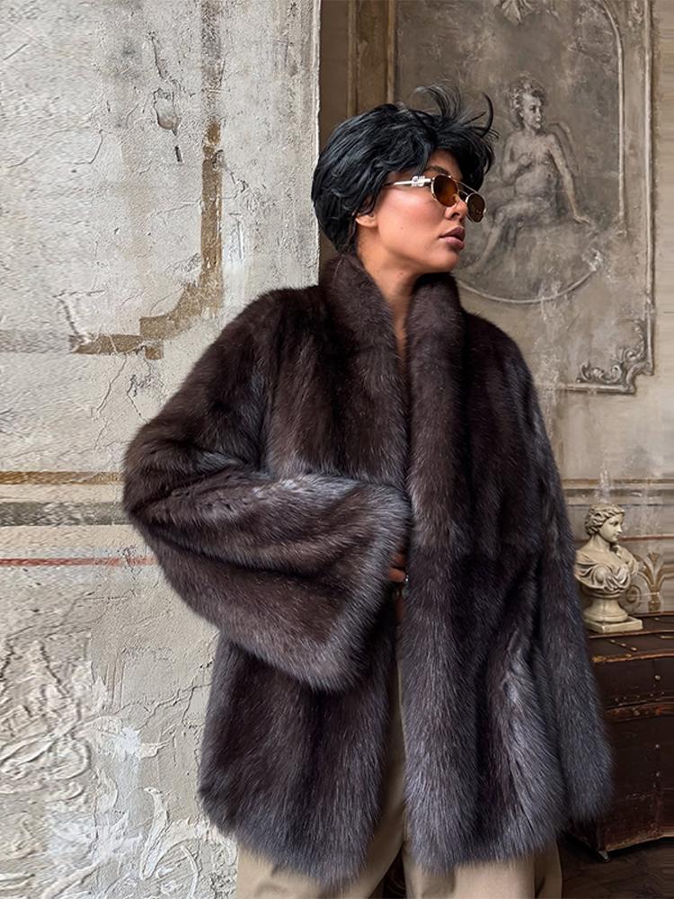 Women's Medium To Long Faux Fur Jacket Women's Collar Warm Fur Coat Brown 2025 New Collection