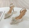 Fashion Spring 2025 New Style Of Hollowed-Out Lace Pearl Bow Lace Pointed Tip Sexy And Versatile Sandals For Women And High Heels