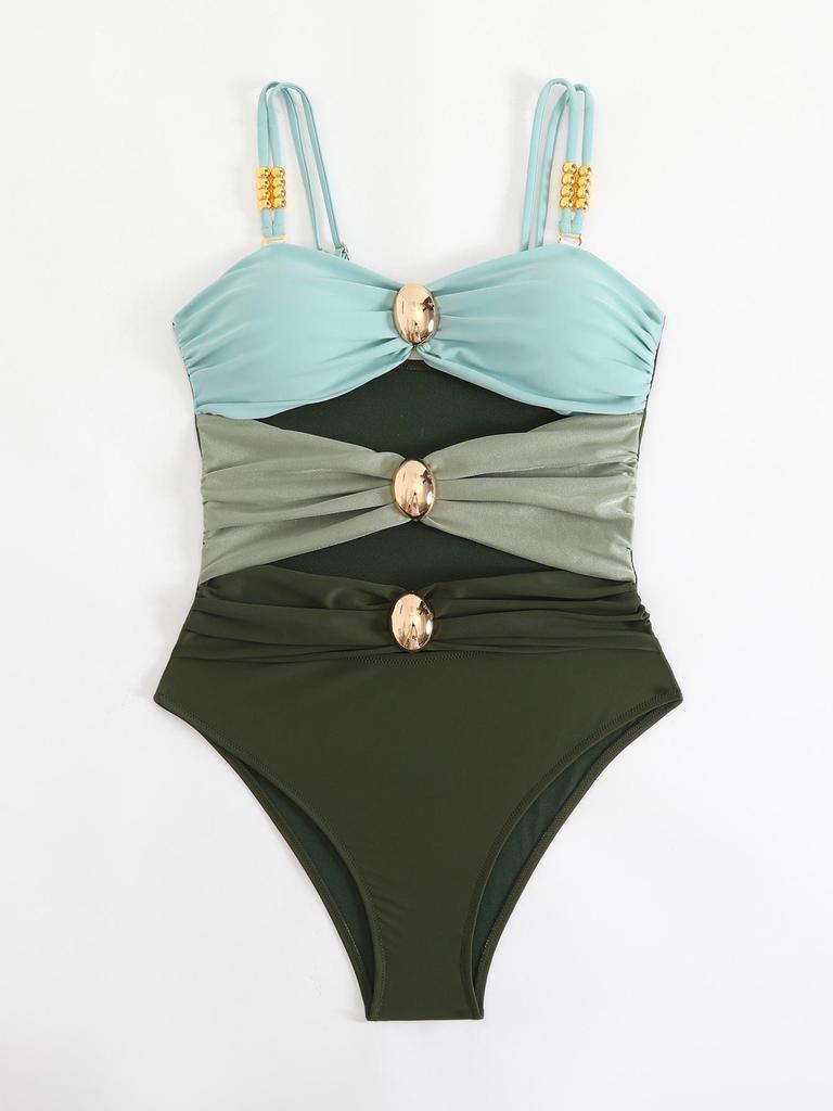 2025 Patchwork Metal Buckle Bestseller Women's One-Piece Swimsuit - European and American Beach Style