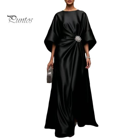 Alltags lässiges Kleid Damen Satin Fledermausärmel Maxikleid, Strassakzent Rundhals Polyester Abendparty A-Linie Formell Hochzeitsgast