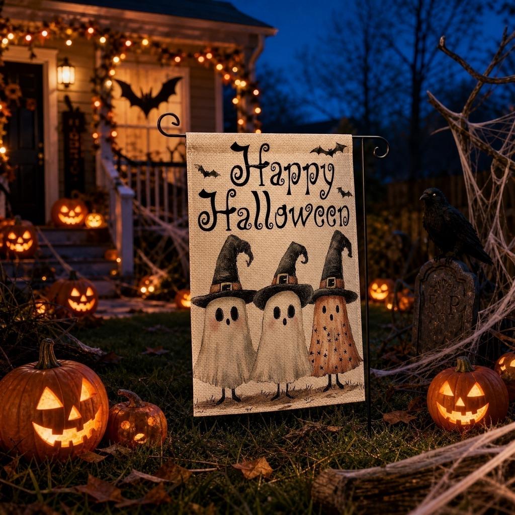Halloween Decorative Garden Flag Trick or Treat Design with Pumpkins Spider Webs and Bats for Outdoor Yard Display 45x30cm
