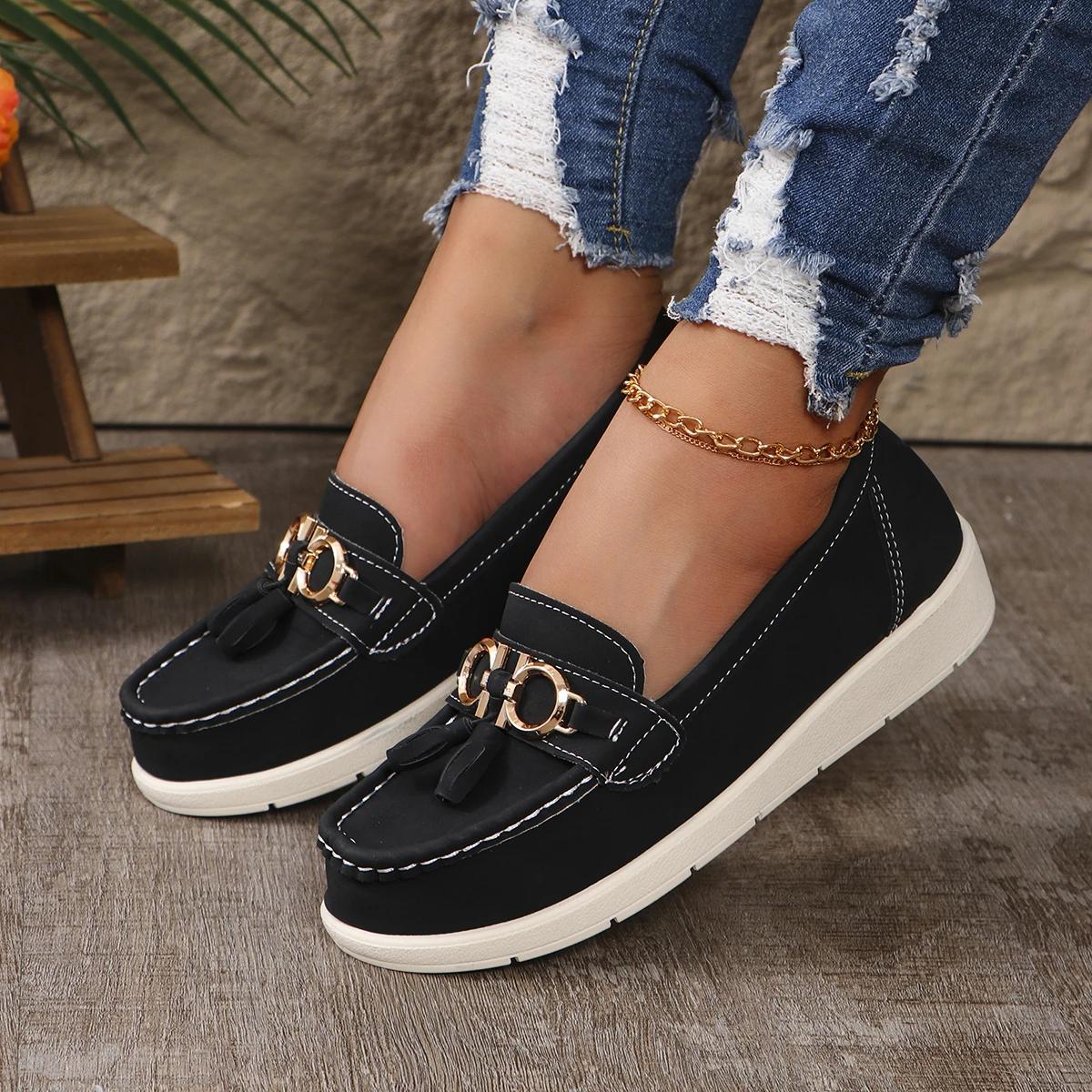 

Женские балетки на плоской подошве с металлической пряжкой из замши, повседневные туфли из искусственной кожи, дышащие мокасины, женская обувь для ботильонов Chaussure Femme 38 чёрный