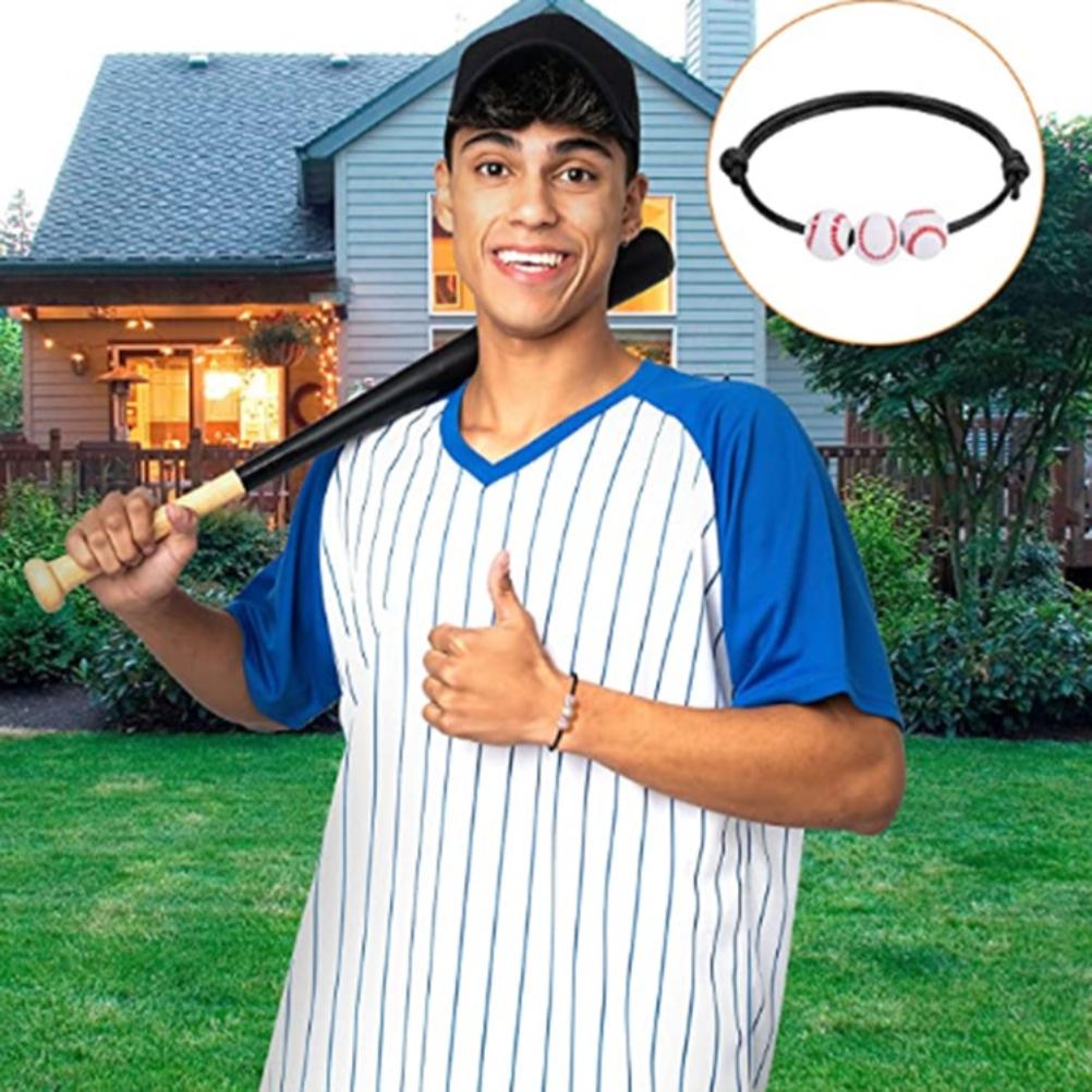 12Pcs Sports Ball Bracelet Baseball Tennis Basketball Rugby Beads Bracelets Adjustable Wax Cord Inspirational Sports