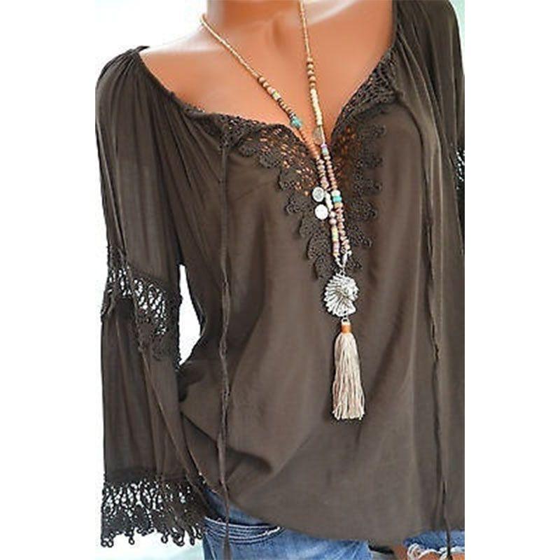 Sexy Women V Neck Long Sleeve Lace Up Shirt Casual Blouse Top Lady Loose T Shirt