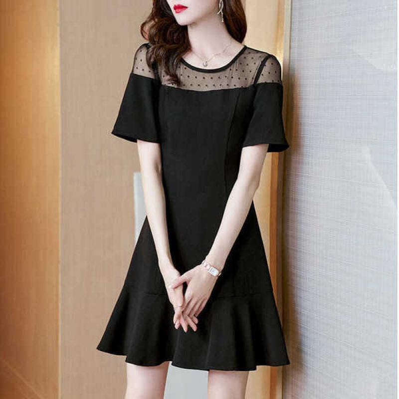Black lace dress women's summer temperament small high-end sense splicing small black dress