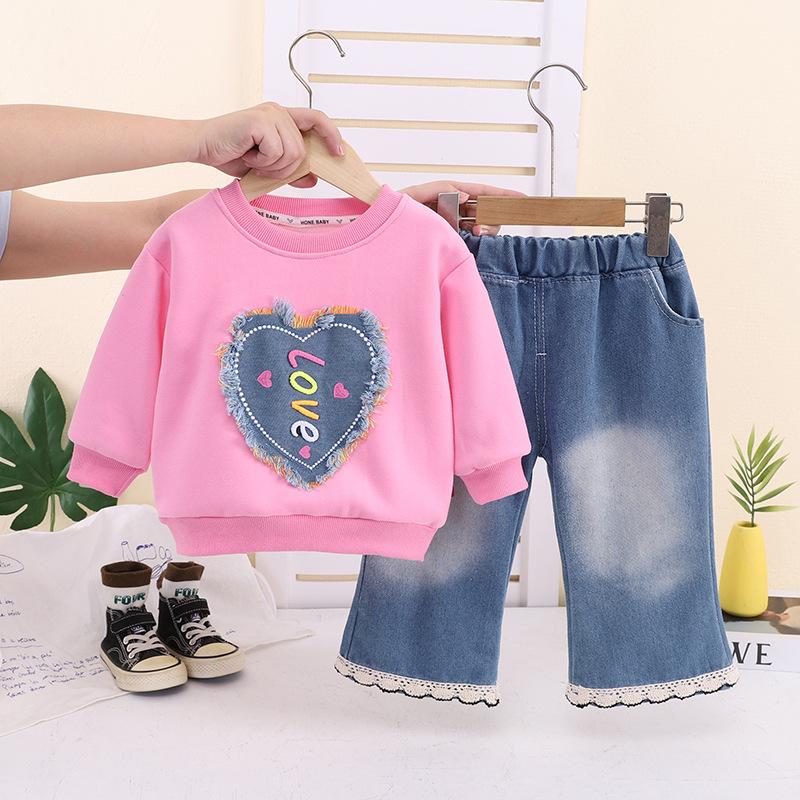 Girls Retro Denim Heart Star Fringe Patch Two Piece Set 80 розы красного