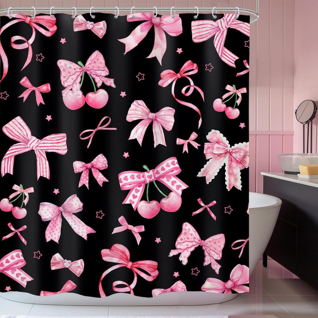 Pink Black Bow Shower Curtain Cherry Girly Preppy Modern Fruit Pretty Sweet Aesthetic for Girls Teens Cloth Fabric
