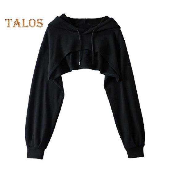 

Женская короткая толстовка с капюшоном, однотонная, с длинными рукавами, с завязками на резинке, свободная, индивидуальная, спортивная, уличная, повседневная, топ M чёрный