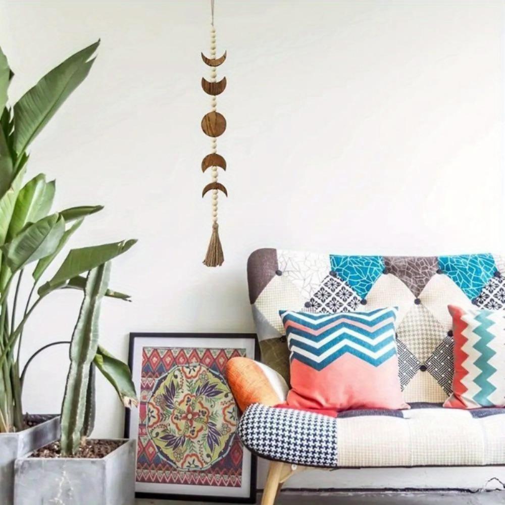 1PC Wood Star Moon Phase Wall Hanging Garland Boho Beaded Moon Garland with Tassel Home Wall Decor