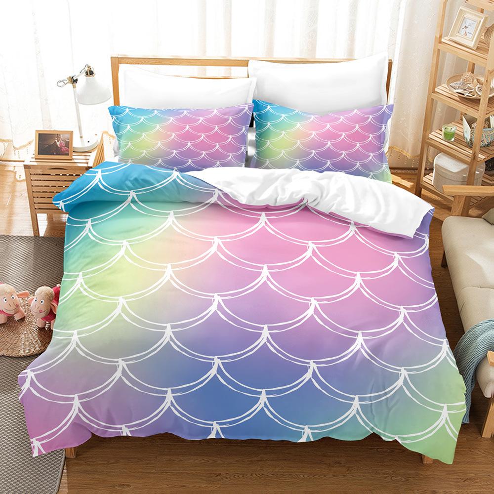 Laser Gradual Change Fish Scale 3D Digital Printing Three-Piece Set, Quilt Cover Pillowcase Home Textile Bed Sheet Kit