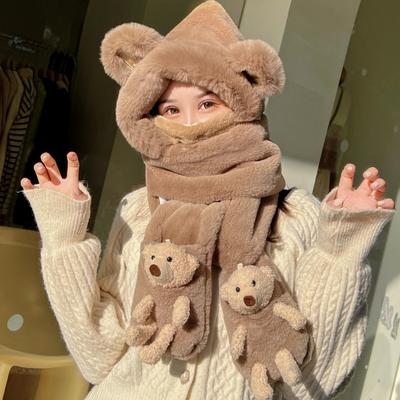 Gorro de felpa de invierno, gorro cálido a prueba de frío para ciclismo de mujer, linda bufanda de oso con capucha, gorro a prueba de viento con protección para los oídos de tres piezas