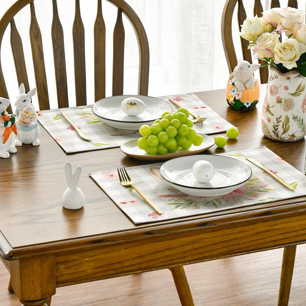 Bunny Rabbit Ears Buffalo Plaid Flower Easter Placemats Set of 6, 12x18 Inch Seasonal Spring Table Mats for Party Kitchen Dining Decoration