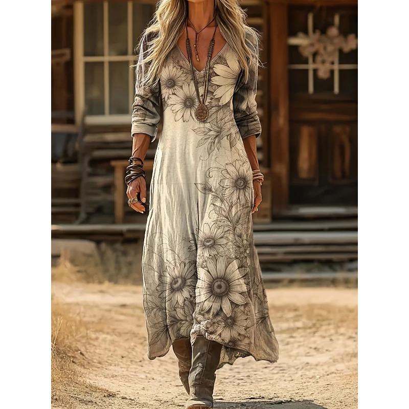 Creative Tie-dye Printing Women's New V-neck Long-sleeved Dress Medium and Long Dress