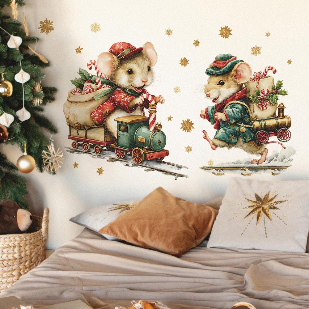 Cartoon Christmas Gift-giving Little Mouse Golden Snowflake Home Beautification and Decoration Wall Stickers