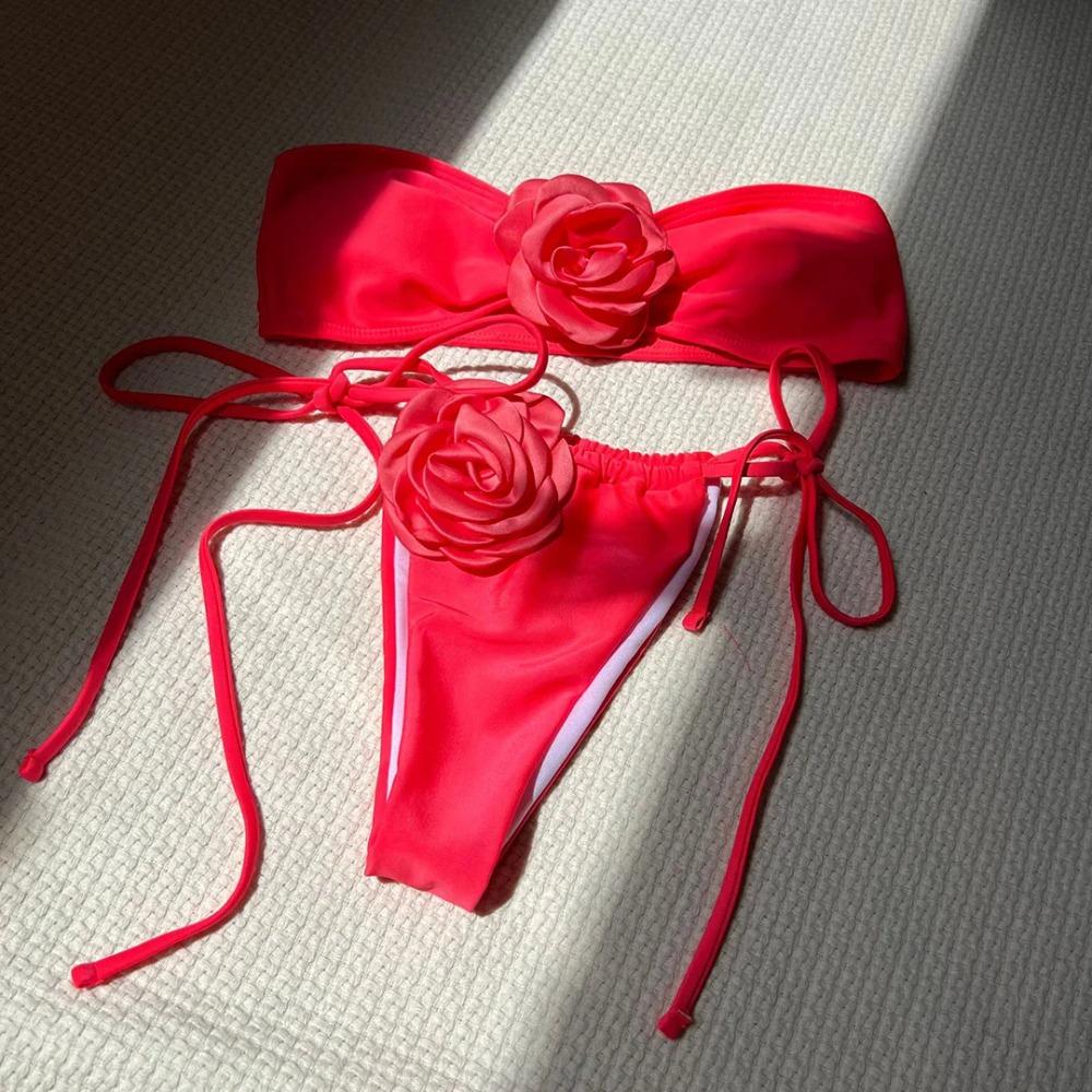 14 Colors 3D Flowers Bandeau High Cut Bikini Female Swimsuit Women Swimwear Two-pieces Bikini Set Bather Bathing Suit Swim K5265