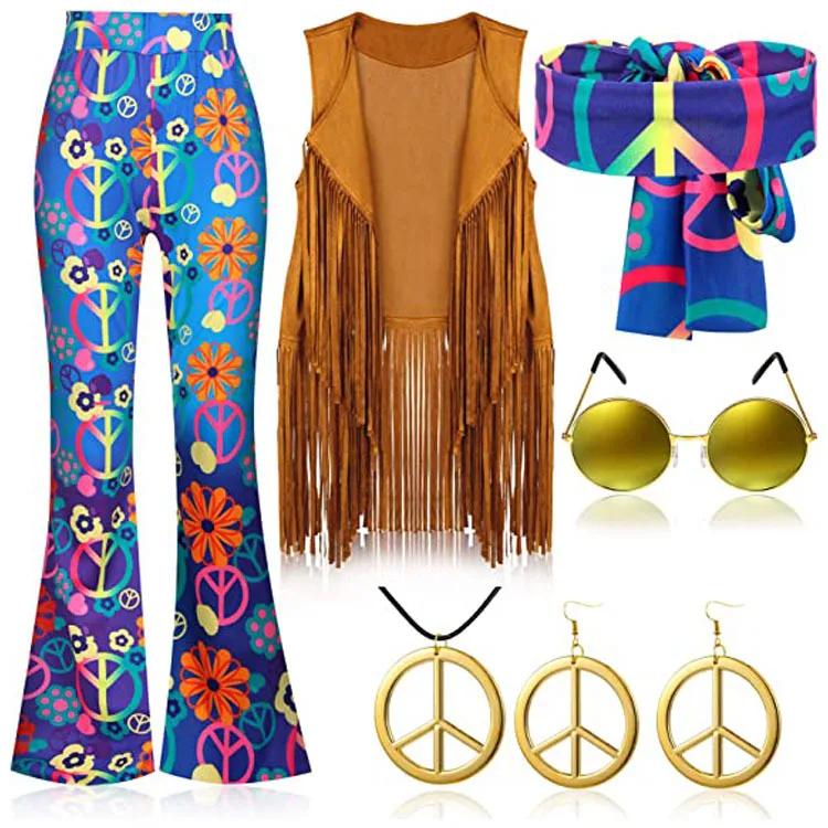 Women Peace Love Girls Hip Indian Retro Hippie Disco 60s 70s Cosplay Costume Tassels Vest Pants Cardigan Halloween Stage Party