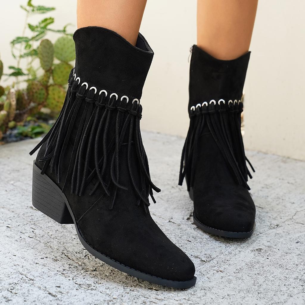 Modische Damen-Stiefeletten mit Blockabsatz, Retro-Stil, spitz zulaufend, bequem und elegant zum Hineinschlüpfen – elegante Outdoor-Stiefeletten zum Hineinschlüpfen