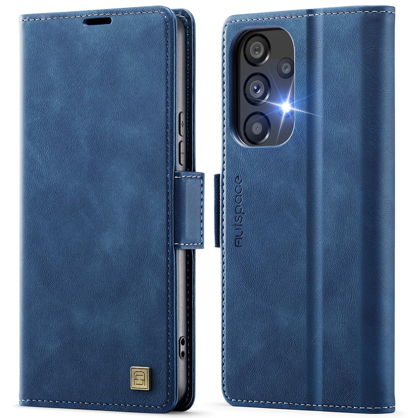 

For Samsung Galaxy A52 5G Case AUTSPACE A11 RFID Blocking Retro Leather Cell Phone Wallet Cover Blue