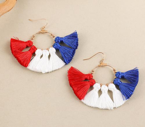 Rainbow ethnic style party earrings handmade fan-shaped colored woven fringed earrings Independence Day earrings