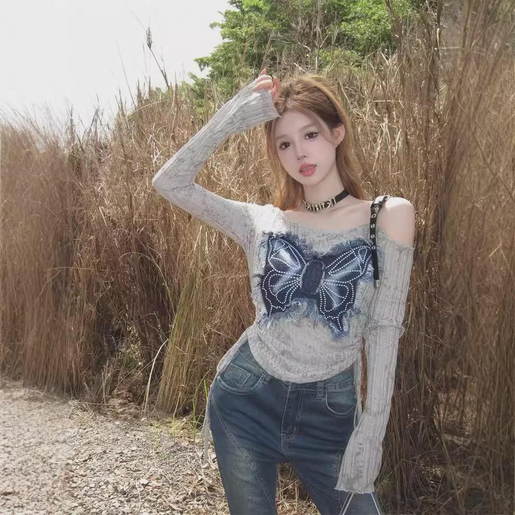 American Retro Y2K Off-Shoulder Butterfly Denim Top for Women