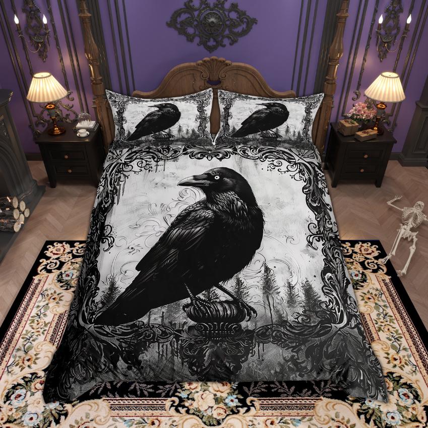 Homewish Halloween Crow Duvet Cover Set Botanical Plant Bedding Set Hippie Floral Flower Bed Set