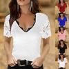 Summer Casual T-Shirt Women Loose Lace V Neck Solid Color Short Sleeve Pullover Fashion Top