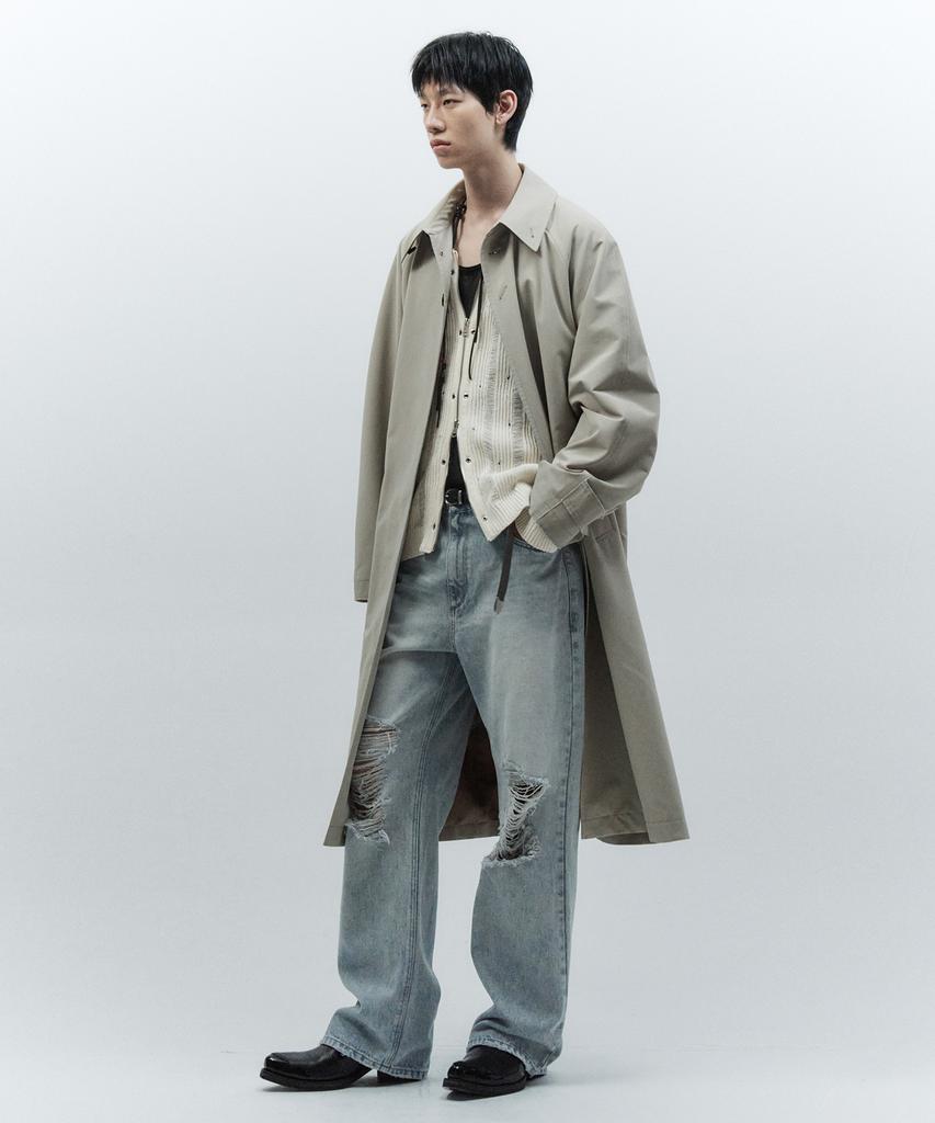 Insilence Pigment Washed Balmacaan Coat Grey Beige