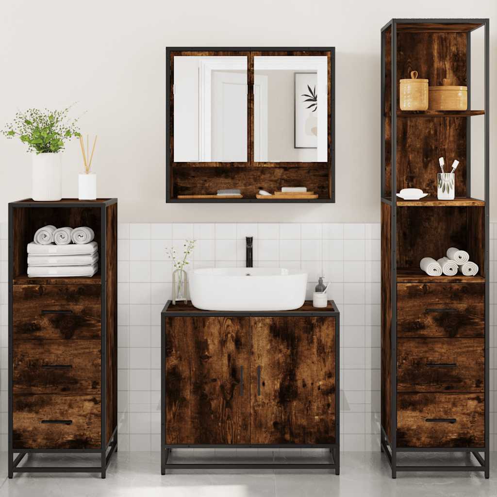 4 Piece Bathroom Furniture Set Smoked Oak Wood Based Material