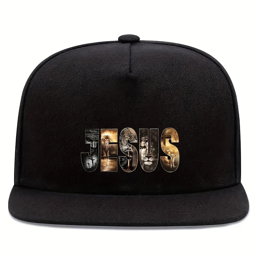 JESUS Lion and Cross Graphic Snapback Cap Bold Religious Streetwear Flat Brim Baseball Hat Adjustable Unisex