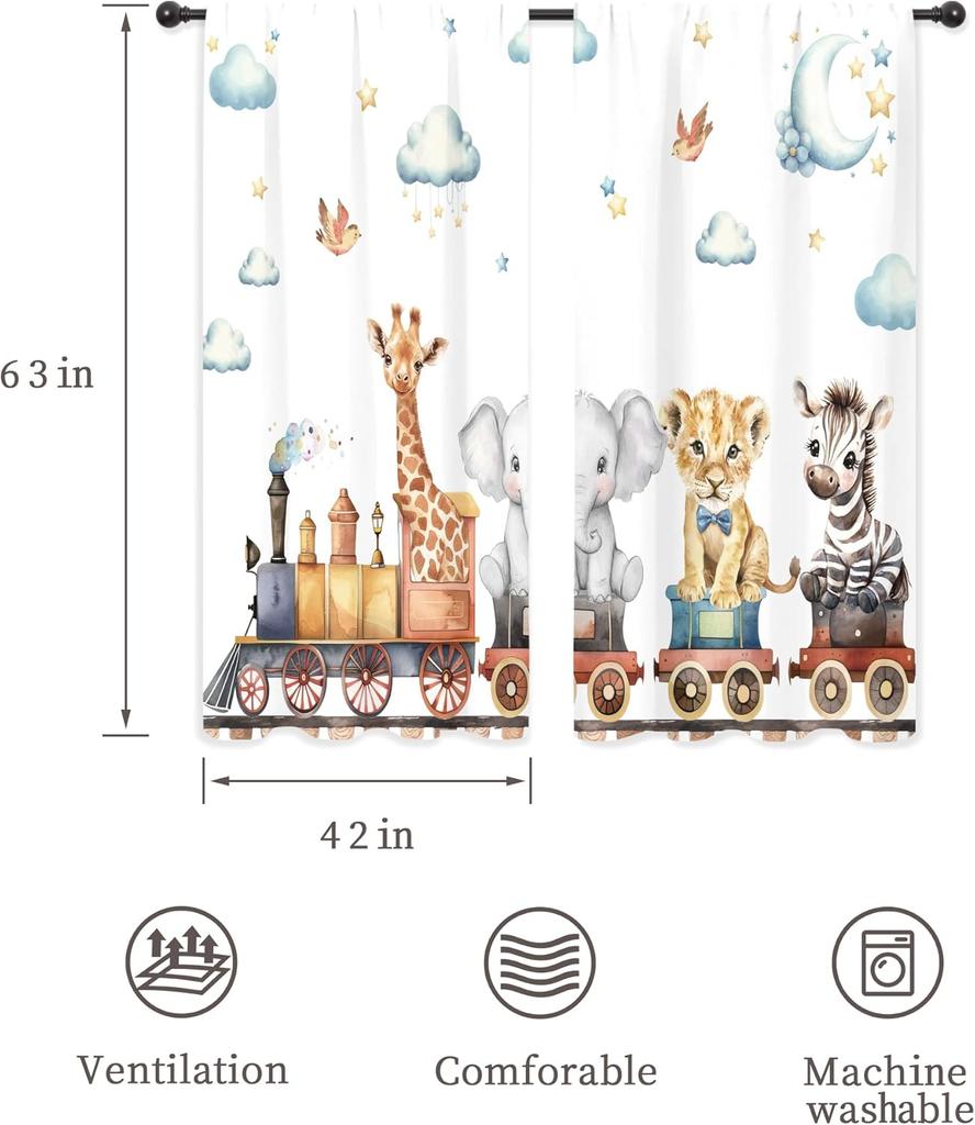 Kids Child Curtains Cute Cartoon Animal Woodland Jungle Adventure Wild Train Wildlife Rod Pocket Lion Elephant Stars Bedroom