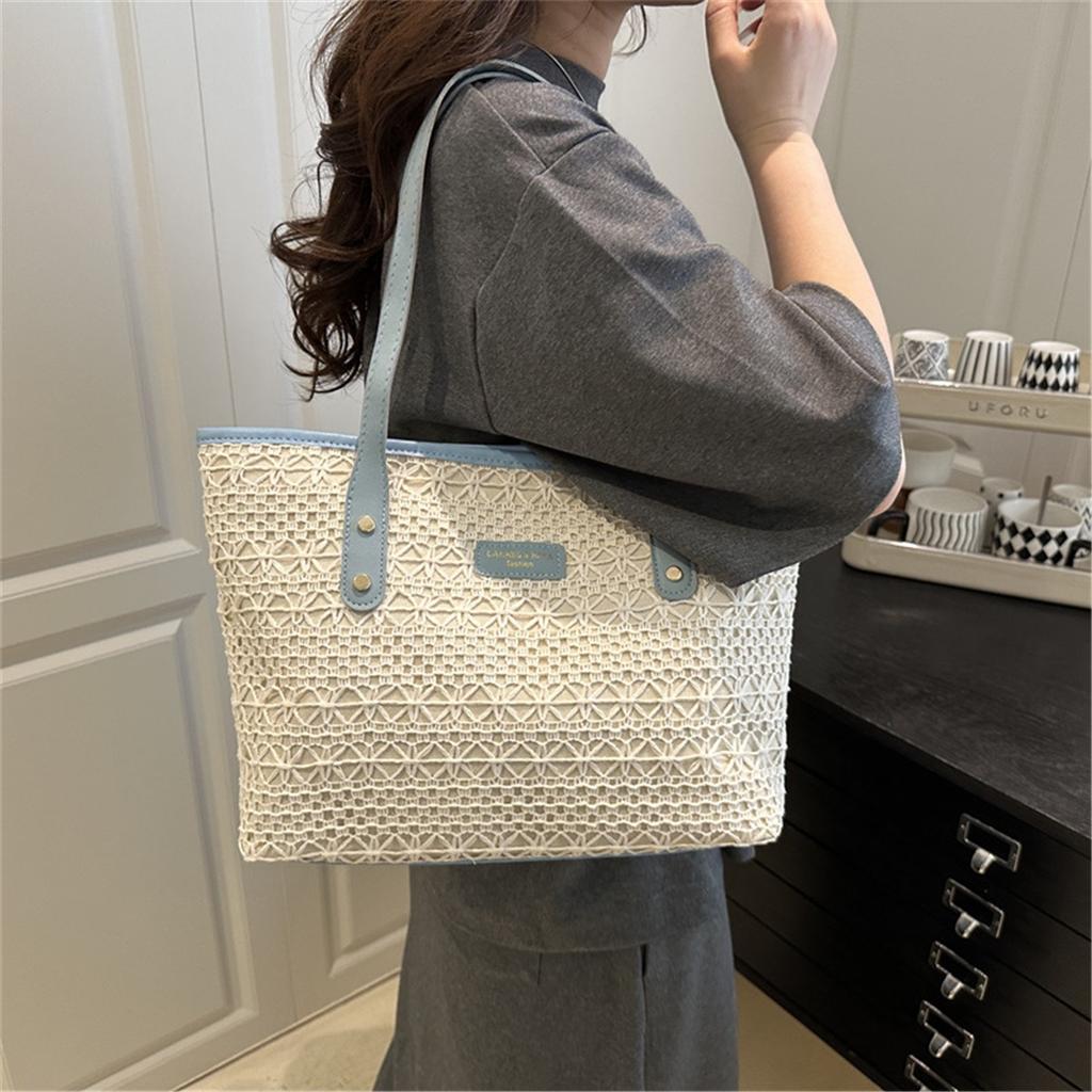 Frisches Temperament Modedesign Ozeanisches Colorblocking Strohstruktur Einzelne Schulter Achseltasche Damen