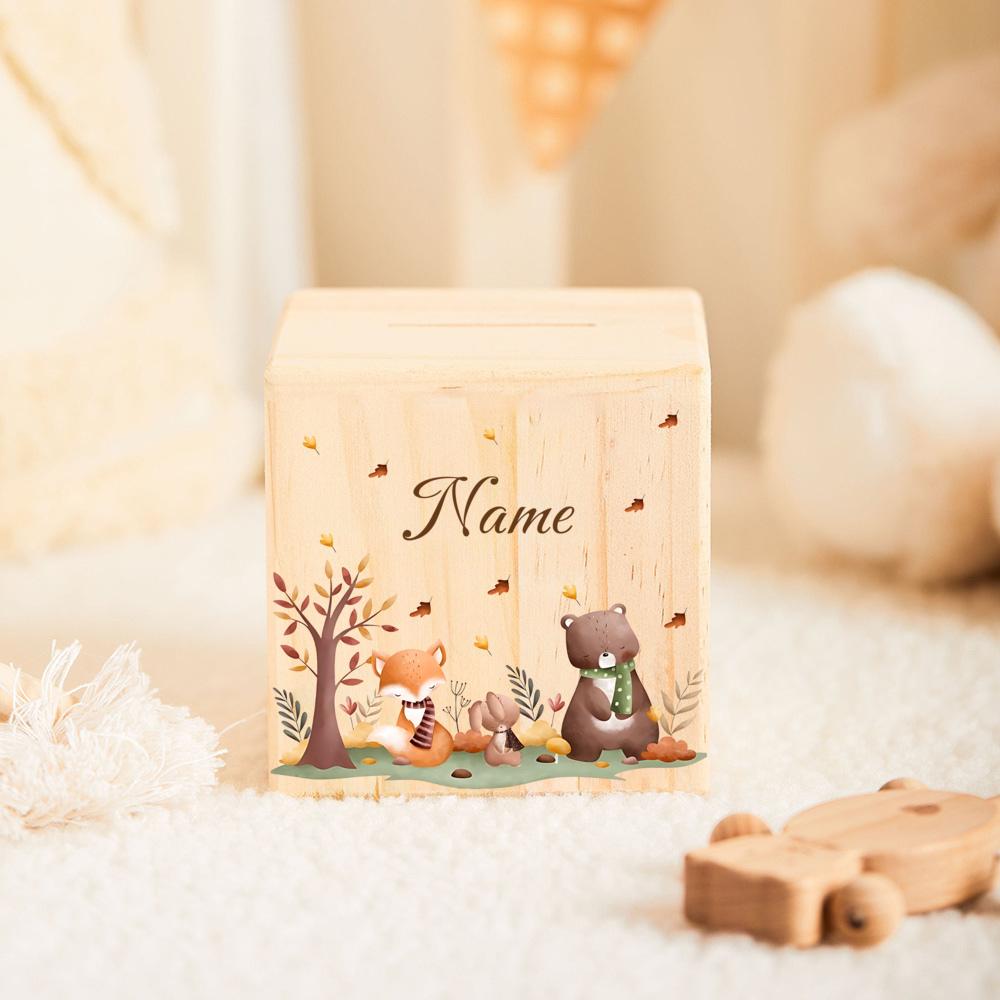 jiangyuanyuan: Custom Money Box Personalized Animal Piggy Bank Wooden Money Box with Name Birthday Gifts