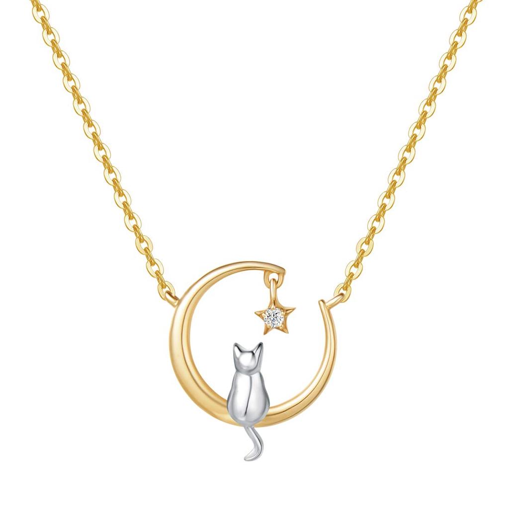 FANCIME 18K Gold Diamond Cat Necklace for Crescent Moon and Star Perfect for and Gift Wrapping Included Women, Design, Birthdays, Anniversaries,