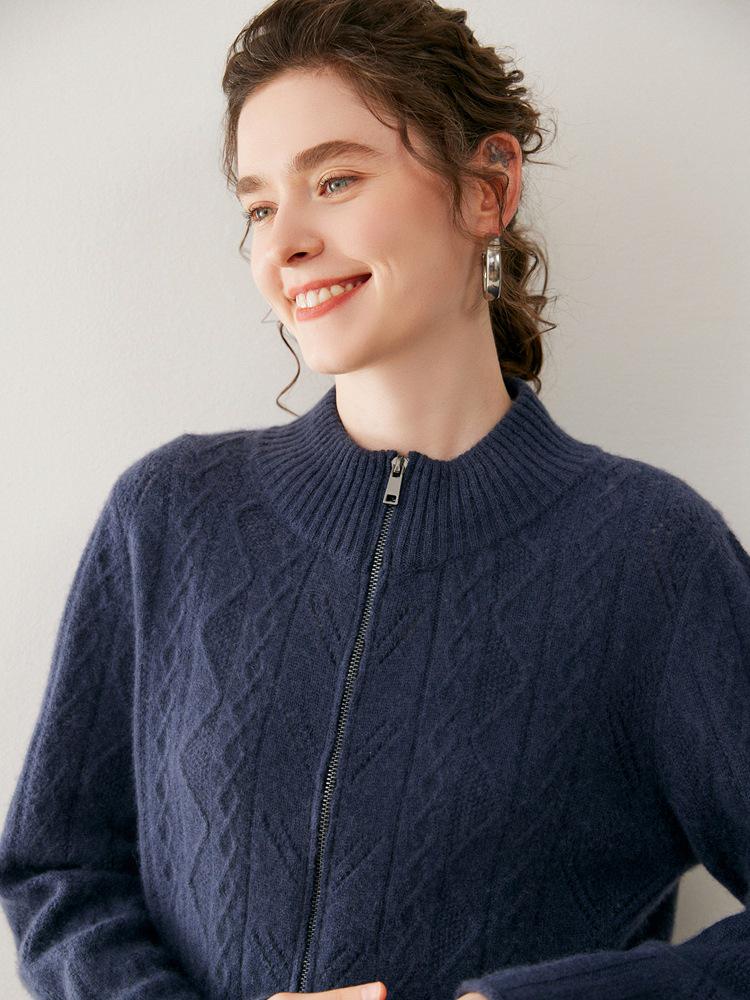 Women's Cashmere Zipper Stand Collar Cardigan - Thick, Loose, Slimming Knit Sweater Coat for Autumn & Winter