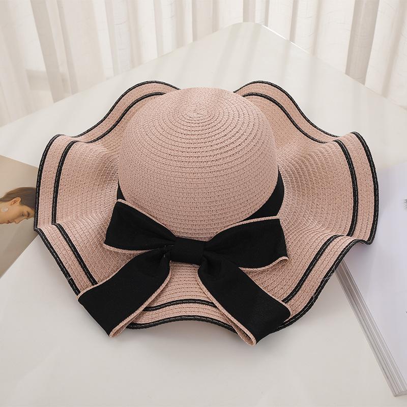 New Women's Summer UV Protection Sweet Ribbon Seaside Vacation Sunshade Bucket Hat Bow Large Brim Straw Hat