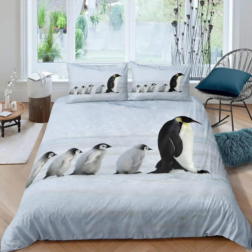 Penguin Duvet Cover Set Antarctic Animals Bedding Set For Kids Boys Girls Cartoon Style King Size Winter Theme Comforter Cover
