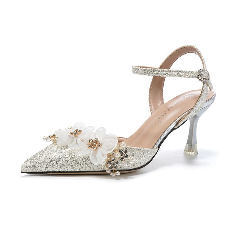 Fashion New Pointed Toe Stiletto Heels Silver Bridesmaid Wedding Shoes Backless Slingback Sandals Flower Embellished Party Dress Pumps