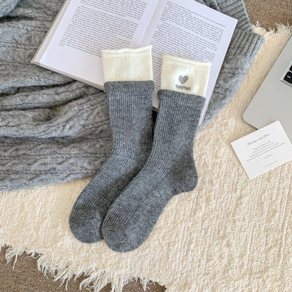 Korean Wool Heart Embroidery Socks - Double Ribbed, Bow Striped, Thick Fleece Lined, Warm Gray Crew